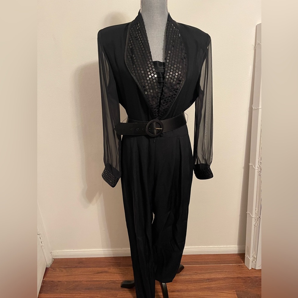 Vintage Joan Walters Elegant Black Jumpsuit with Sheer Sleeves